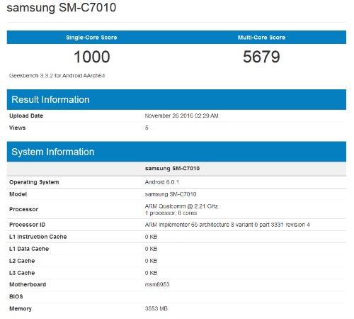 Samsung Galaxy C7 Pro lộ thông số trên GeekBench