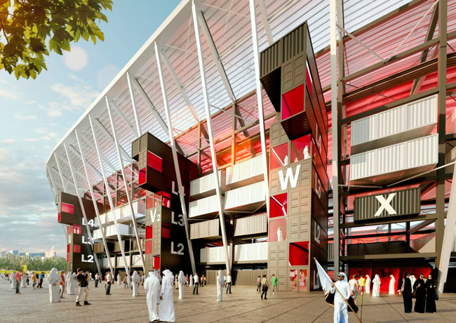 "Ras Abu Aboud" (2022): Kiến trúc sư Fenwick Iribarren lên kế hoạch xây dựng công trình này cho World Cup 2022 của FIFA tại Qatar với 1.000 container. Sau sự kiện, các container có thể được tháo dỡ khỏi sân vận động và chuyển đến nơi khác. Ảnh: Fenwick Iribarren.