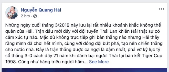 2 ngày sau trận vùi dập U23 Thái Lan, dân mạng vẫn "rần rần" trên Facebook Quang Hải - 1