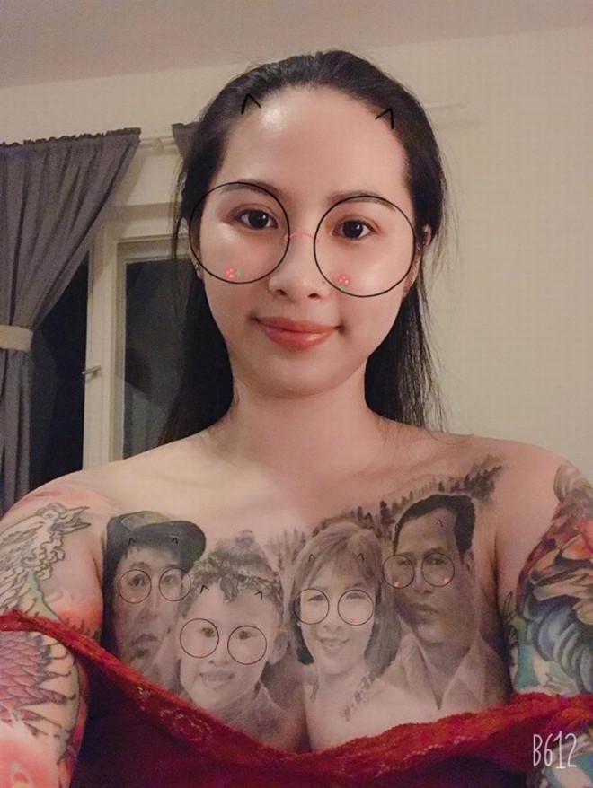 Cô gái Vĩnh Phúc xăm kín ngực bằng bức ảnh chân dung gia đình