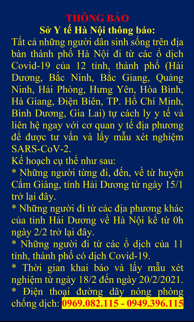 THÔNG BÁO: Người trở về Hà Nội từ 12 tỉnh/thành có ổ dịch phải xét nghiệm SARS-CoV-2 - 1