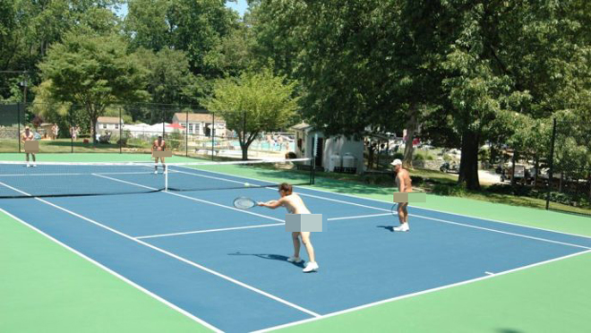 Blushing naked men and women playing tennis, 