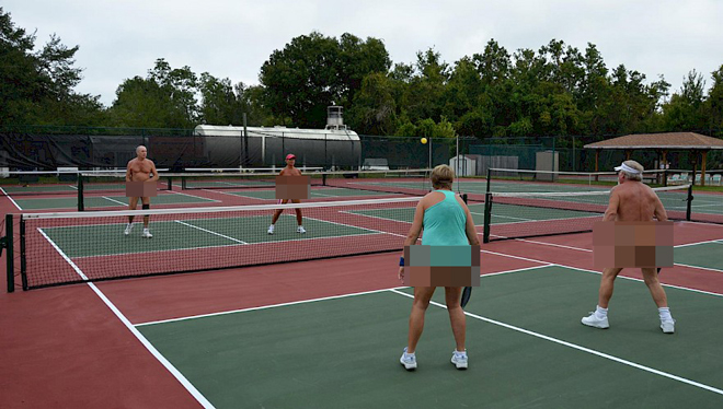 Blushing naked men and women playing tennis, 