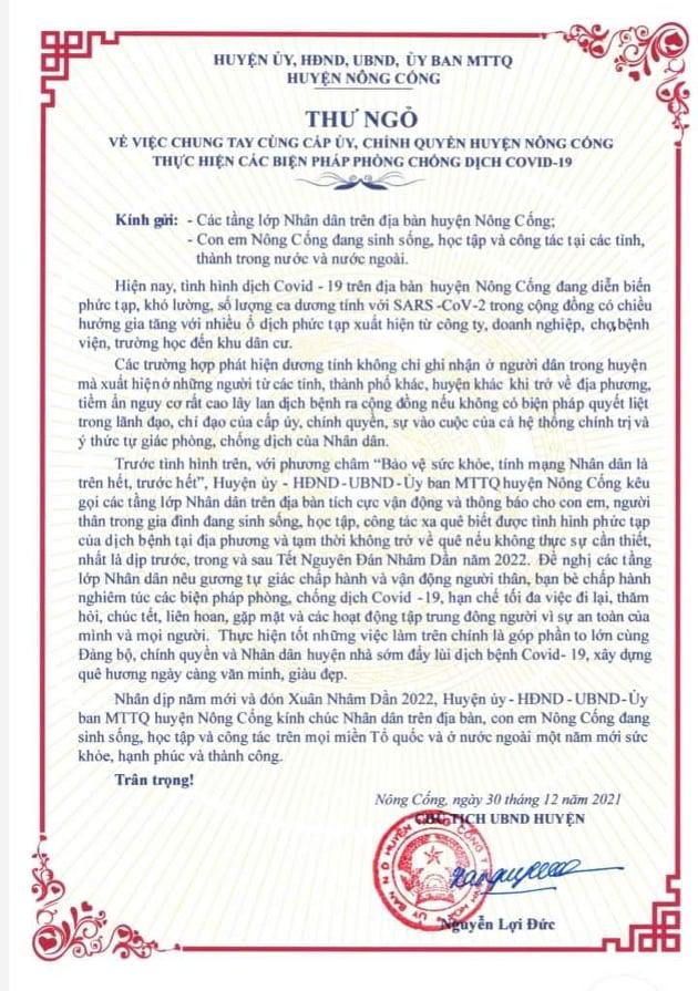 Thêm 1 huyện ở Thanh Hóa ra thư ngỏ khuyến cáo người dân không về quê dịp Tết - 1
