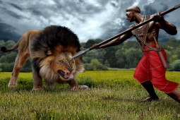 Cầm khiên và giáo vào đồng cỏ, ép sư tử chiến đấu rồi đoạt mạng