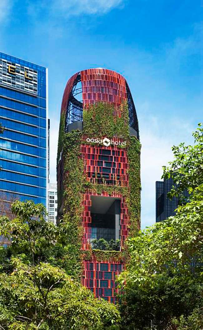 1. Tòa nhà cao nhất thế giới - Oasia Downtown, Singapore

Tòa nhà nổi bật giữa đường phố Singapore Osia Downtown sở hữu thiết kế độc đáo với tổng số 54 loài thực vật được nuôi leo dọc bên ngoài tòa nhà. Nó được ca ngợi vì đã cung cấp một không gian sống xanh cho khu vực dân cư xung quanh.
