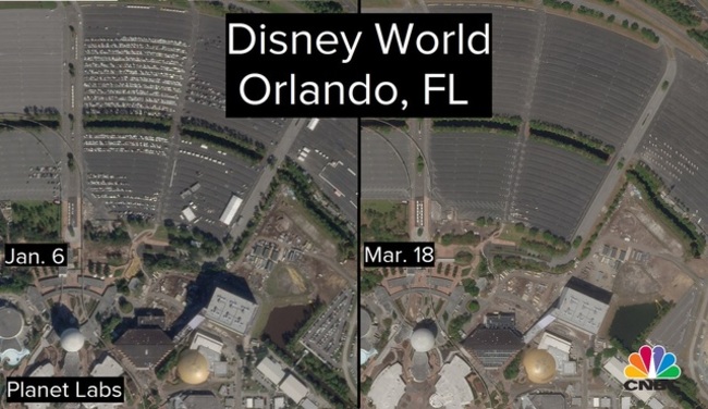 Khu vui chơi Disney World hoàn toàn vắng bóng nhìn từ trên cao hôm 18/3, khác xa cảnh ngày 6/1.