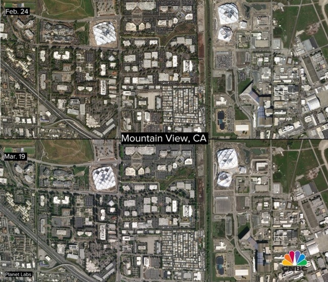 Với việc hầu hết người Mỹ phải làm việc tại nhà, các tổ hợp công ty hầu như bị bỏ trống trong tuần qua. Planet Labs đã chụp được hình ảnh của Mountain View, California, nơi người ta có thể thấy các bãi đậu xe hoàn toàn trống trơn tại trụ sở Google Google và trung tâm Ames của NASA.