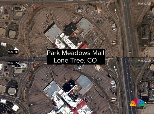 Bãi đỗ xe bên ngoài trung tâm mua sắm Park Meadows Mall Lone Tree (Colorado) rất vắng vẻ hôm 24/3.