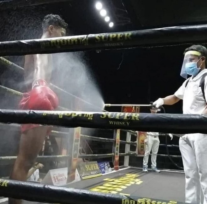 Võ sĩ xịt khử trùng, hot girl đeo khẩu trang ở giải boxing chống Covid-19 - 1