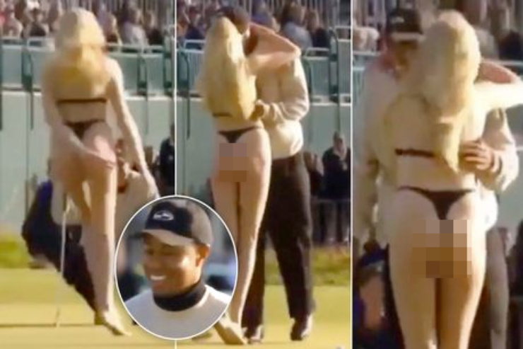 Đỏ mặt Tiger Woods bị người đẹp mặc bikini cưỡng hôn khi thi đấu - 1