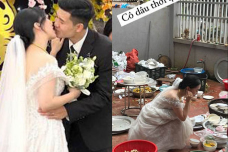 Bà xã Hà Đức Chinh ngồi rửa bát trong đám cưới: "Lấy chồng cầu thủ có sướng không?"