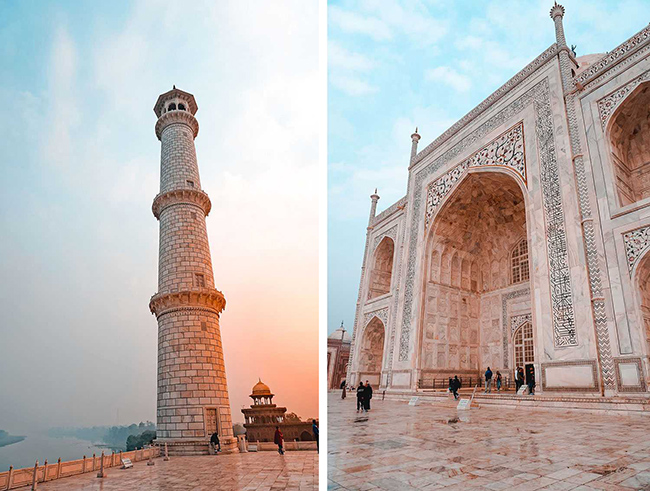 Nên đến cổng Tây và cổng Đông trước, ngay sau khi vào Taj Mahal. Thời điểm này, hầu hết mọi người đang chụp ảnh trước mặt tiền của lăng là cửa Nam nên các góc chụp cửa Tây và cửa Đông vẫn vắng vẻ.

