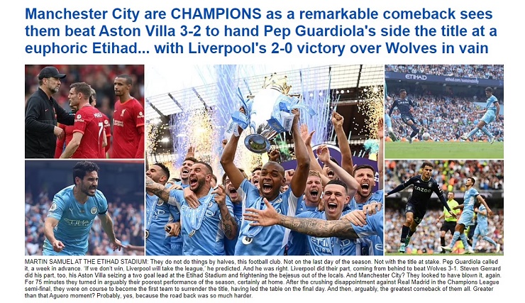 Man City vô địch Ngoại hạng Anh kịch tính: Báo Anh xát muối vào nỗi đau Liverpool - 1