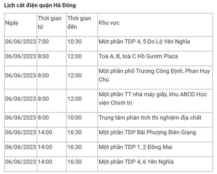 Lịch cắt điện Hà Nội hôm nay 6/6: Nhiều khu vực mất điện từ 6-8 tiếng - 6