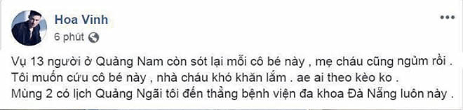 Hoa Vinh nói sốc vụ tai nạn Quảng Nam; Á hậu xin "tay nõn nà đừng trầy vì bão lớn" - 1