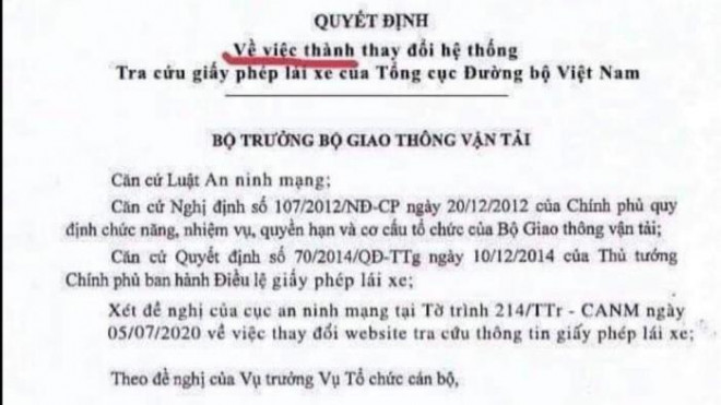 Quyết định thay đổi hệ thống tra cứu GPLX là văn bản giả mạo - 1