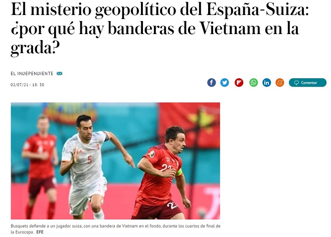 Euro 2020: Báo Tây Ban Nha đã phải bất ngờ trước một hình ảnh rất đặc biệt tại Euro. Một cặp đôi người Việt Nam đã vận động các CĐV bên ngoài sân cùng nhau trổ tài với các vũ điệu và chiếc lá cờ Việt Nam được nâng cao lên trên đầu, chứng tỏ tình yêu với đội tuyển Việt Nam của người hâm mộ.