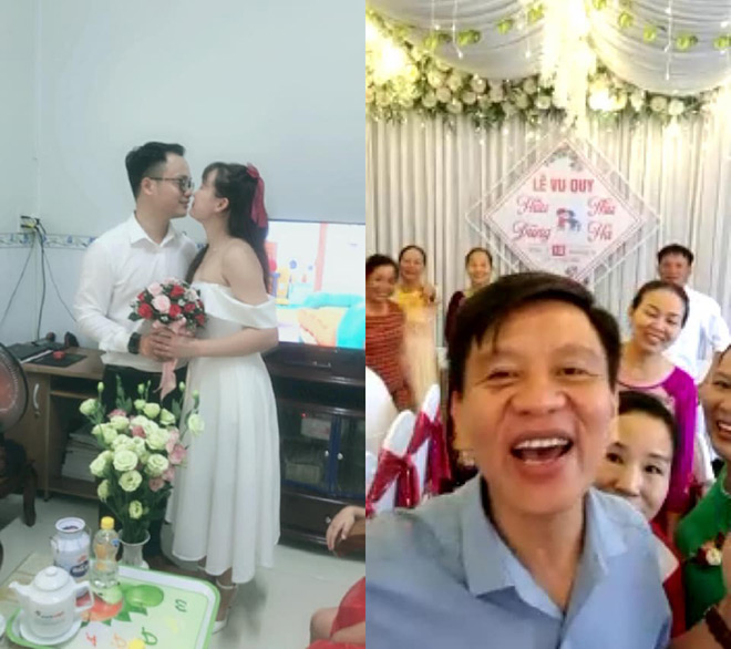Cặp đôi tổ chức lễ cưới ở phòng trọ, họ hàng hai bên chúc mừng qua màn hình máy tính Cặp đôi tổ chức lễ cưới ở phòng trọ, họ hàng hai bên chúc mừng qua màn hình máy tính