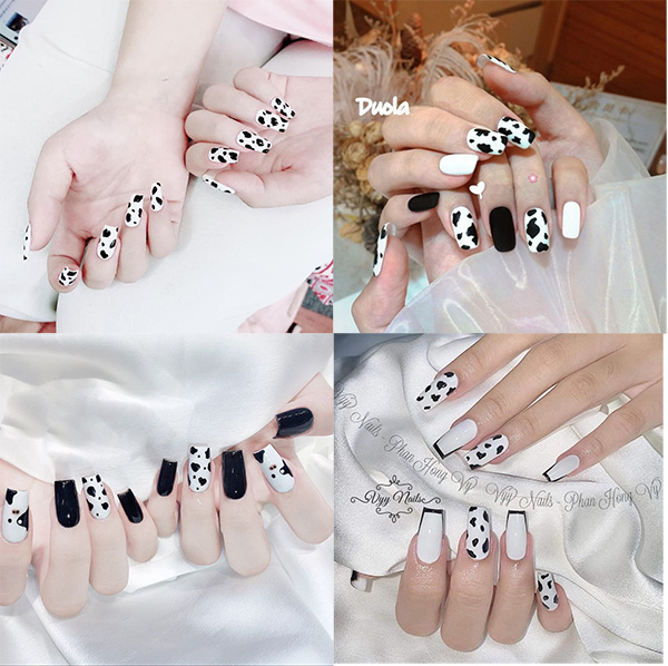 Móng tay úp nail thiết kế trắng đen kèm nơ  tặng keo và dũa  Lazadavn