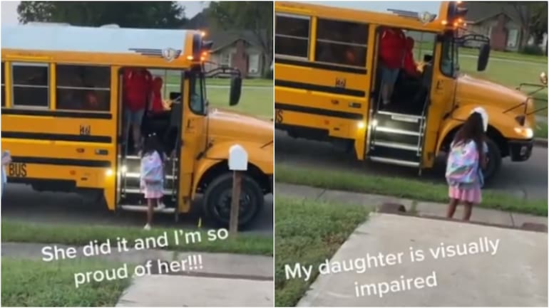 Clip: Cô bé khiếm thị lần đầu tự mình lên xe buýt đi học gây xúc động - 1