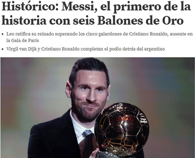 Messi vượt Ronaldo giành 6 Bóng vàng: Báo chí nể phục, mệnh danh là "Vua" - 1