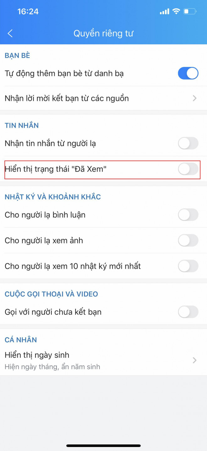 How to turn off 'viewed' statuses messages on Zalo - 3
