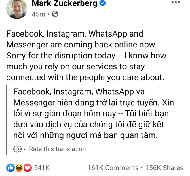 Mark Zuckerberg lên tiếng về sự cố Facebook, Messenger "sập" 6 tiếng - 2