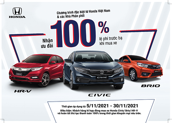 Hỗ trợ 100% lệ phí trước bạ cho khách hàng mua xe Honda Civic, HR-V và Brio trong tháng 11 - 1