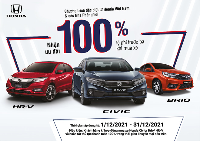 Nhận ưu đãi 100% lệ phí trước bạ khi mua Honda Civic, HR-V và Brio trong tháng 12 - 1