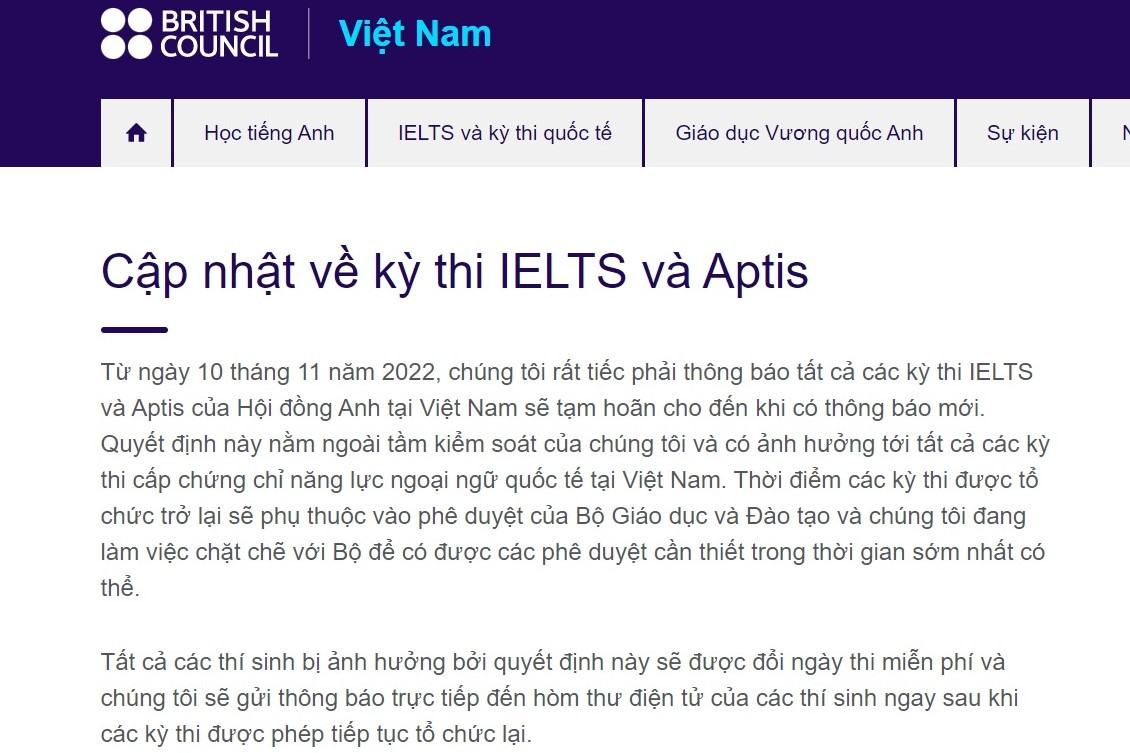 Hội đồng Anh thông báo tạm hoãn kỳ thi IELTS tại Việt Nam - 1